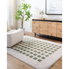 Area Rug, 7 ft 10 in x 10 ft, Cream and Green Polyester with Geometric Pattern