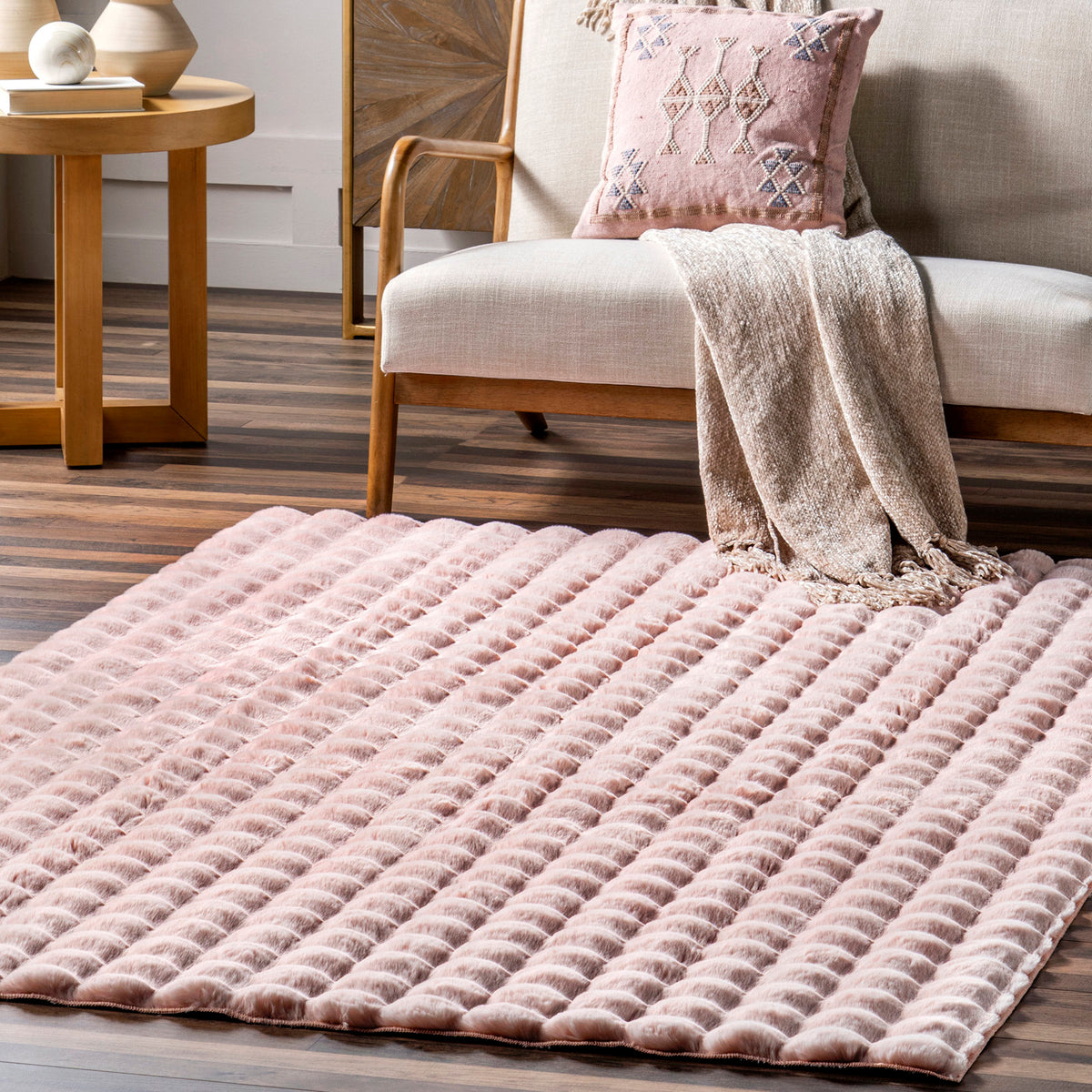 Area Rug, 7 Ft 6 In x 9 Ft 6 In, Blush Checkered Polyester with Non-Slip Backing