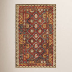 Area Rug, 7 ft 6 in x 9 ft 6 in, Red Wool with Geometric Pattern