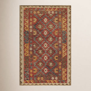 Area Rug, 7 ft 6 in x 9 ft 6 in, Red Wool with Geometric Pattern