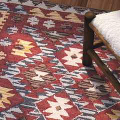 Area Rug, 7 ft 6 in x 9 ft 6 in, Red Wool with Geometric Pattern