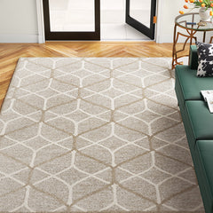 Area Rug, 7 ft 9 in x 9 ft 9 in, Ivory and Brown Wool with Geometric Pattern