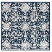 Area Rug, 7 Ft Square, Navy Wool with Damask Pattern