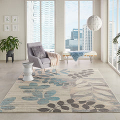 Area Rug, 7 ft x 10 ft, Floral Pattern in Ivory and Light Blue