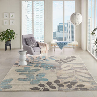 Area Rug, 7 ft x 10 ft, Floral Pattern in Ivory and Light Blue