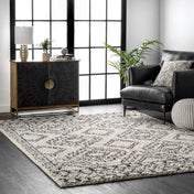 Area Rug, 8'10" x 12', Cream and Charcoal Gray with Geometric Pattern