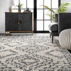 Area Rug, 8'10" x 12', Cream and Charcoal Gray with Geometric Pattern