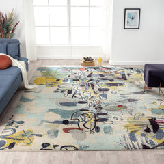 Area Rug, 8'6" x 11'6" in Ivory with Blue and Yellow Abstract Pattern
