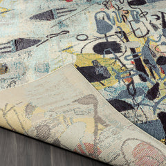 Area Rug, 8'6" x 11'6" in Ivory with Blue and Yellow Abstract Pattern