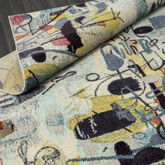Area Rug, 8'6" x 11'6" in Ivory with Blue and Yellow Abstract Pattern