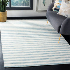 Area Rug, 8 Ft x 10 Ft, Aqua/Ivory Striped Cotton and Wool