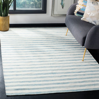 Area Rug, 8 Ft x 10 Ft, Aqua/Ivory Striped Cotton and Wool
