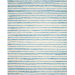 Area Rug, 8 Ft x 10 Ft, Aqua/Ivory Striped Cotton and Wool