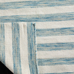 Area Rug, 8 Ft x 10 Ft, Aqua/Ivory Striped Cotton and Wool