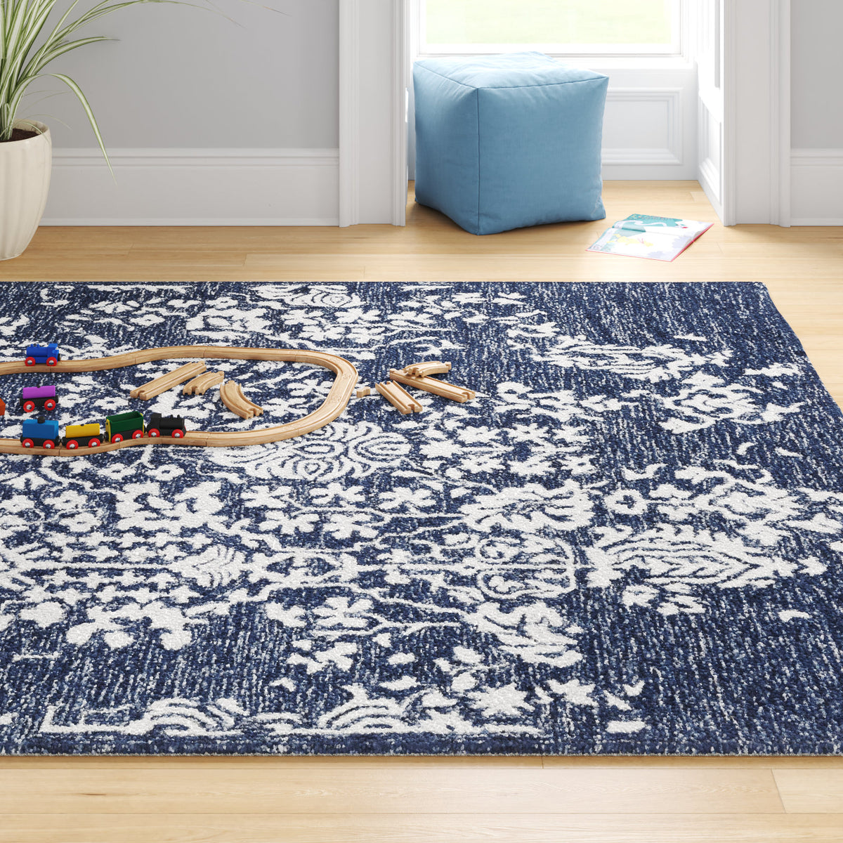 Area Rug, 8 ft x 10 ft, Beige and Blue Wool with Oriental Pattern