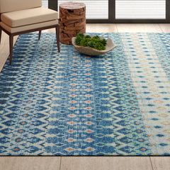 Area Rug, 8 ft x 10 ft, Blue and Beige Ikat Chenille