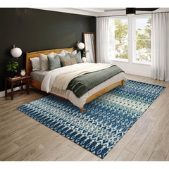 Area Rug, 8 ft x 10 ft, Blue and Beige Ikat Chenille