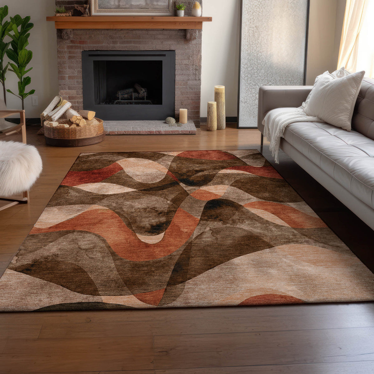 Area Rug, 8 Ft x 10 Ft, Chocolate with Abstract Pattern