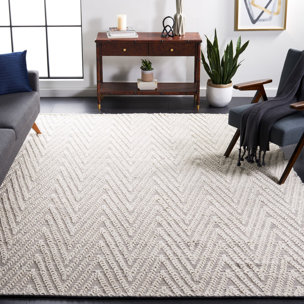 Area Rug, 8 ft x 10 ft, Cotton and Wool Flatweave in Black and Ivory