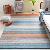 Area Rug, 8 ft x 10 ft Cotton Flatweave with Orange, Blue and Gray Stripes