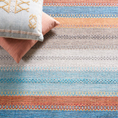Area Rug, 8 ft x 10 ft Cotton Flatweave with Orange, Blue and Gray Stripes
