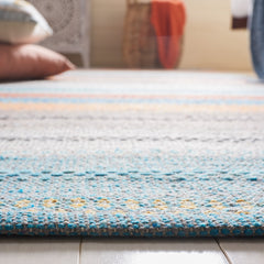 Area Rug, 8 ft x 10 ft Cotton Flatweave with Orange, Blue and Gray Stripes