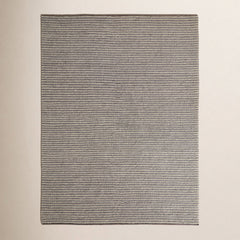 Area Rug, 8 Ft x 10 Ft, Gray and Ivory Striped Wool and Cotton