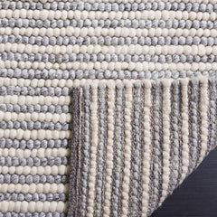 Area Rug, 8 Ft x 10 Ft, Gray and Ivory Striped Wool and Cotton