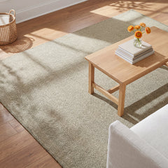 Area Rug, 8 Ft x 10 Ft, Green Wool with Hand-Woven Weave