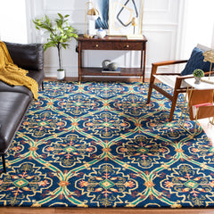 Area Rug, 8 ft x 10 ft, Hand Woven Cotton and Wool in Navy, Green and Yellow