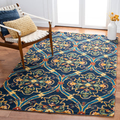 Area Rug, 8 ft x 10 ft, Hand Woven Cotton and Wool in Navy, Green and Yellow