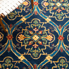 Area Rug, 8 ft x 10 ft, Hand Woven Cotton and Wool in Navy, Green and Yellow