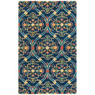 Area Rug, 8 ft x 10 ft, Hand Woven Cotton and Wool in Navy, Green and Yellow