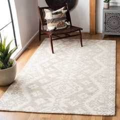 Area Rug, 8 Ft x 10 Ft, Hand-Woven Wool in Ivory and Beige