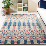 Area Rug, 8 ft x 10 ft, Hand Woven Wool in Red, Navy and Gray
