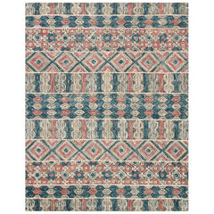Area Rug, 8 ft x 10 ft, Hand Woven Wool in Red, Navy and Gray