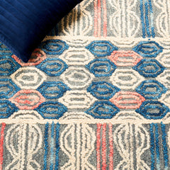 Area Rug, 8 ft x 10 ft, Hand Woven Wool in Red, Navy and Gray