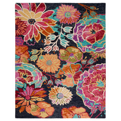 Area Rug, 8 ft x 10 ft, Hand Woven Wool with Charcoal and Blue Floral Pattern