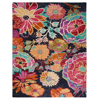 Area Rug, 8 ft x 10 ft, Hand Woven Wool with Charcoal and Blue Floral Pattern