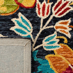Area Rug, 8 ft x 10 ft, Hand Woven Wool with Charcoal and Blue Floral Pattern