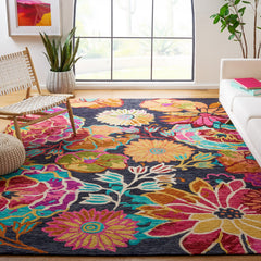 Area Rug, 8 ft x 10 ft, Hand Woven Wool with Charcoal and Blue Floral Pattern