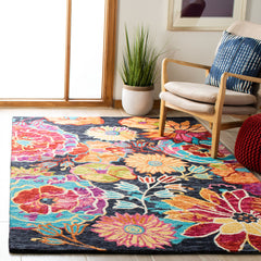 Area Rug, 8 ft x 10 ft, Hand Woven Wool with Charcoal and Blue Floral Pattern