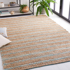 Area Rug, 8 ft x 10 ft in Teal and Natural with Cotton and Jute/Sisal