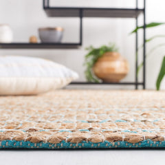 Area Rug, 8 ft x 10 ft in Teal and Natural with Cotton and Jute/Sisal