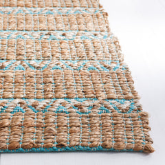 Area Rug, 8 ft x 10 ft in Teal and Natural with Cotton and Jute/Sisal