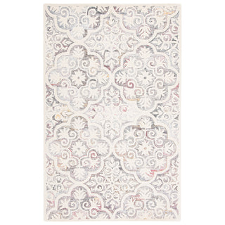 Area Rug, 8 ft x 10 ft in White, Pink and Gray Damask Wool