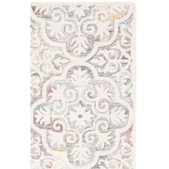 Area Rug, 8 ft x 10 ft in White, Pink and Gray Damask Wool