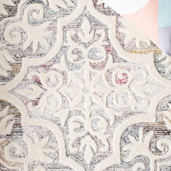 Area Rug, 8 ft x 10 ft in White, Pink and Gray Damask Wool