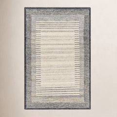 Area Rug, 8 ft x 10 ft Striped Wool in Beige and Gray