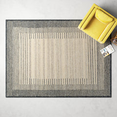Area Rug, 8 ft x 10 ft Striped Wool in Beige and Gray
